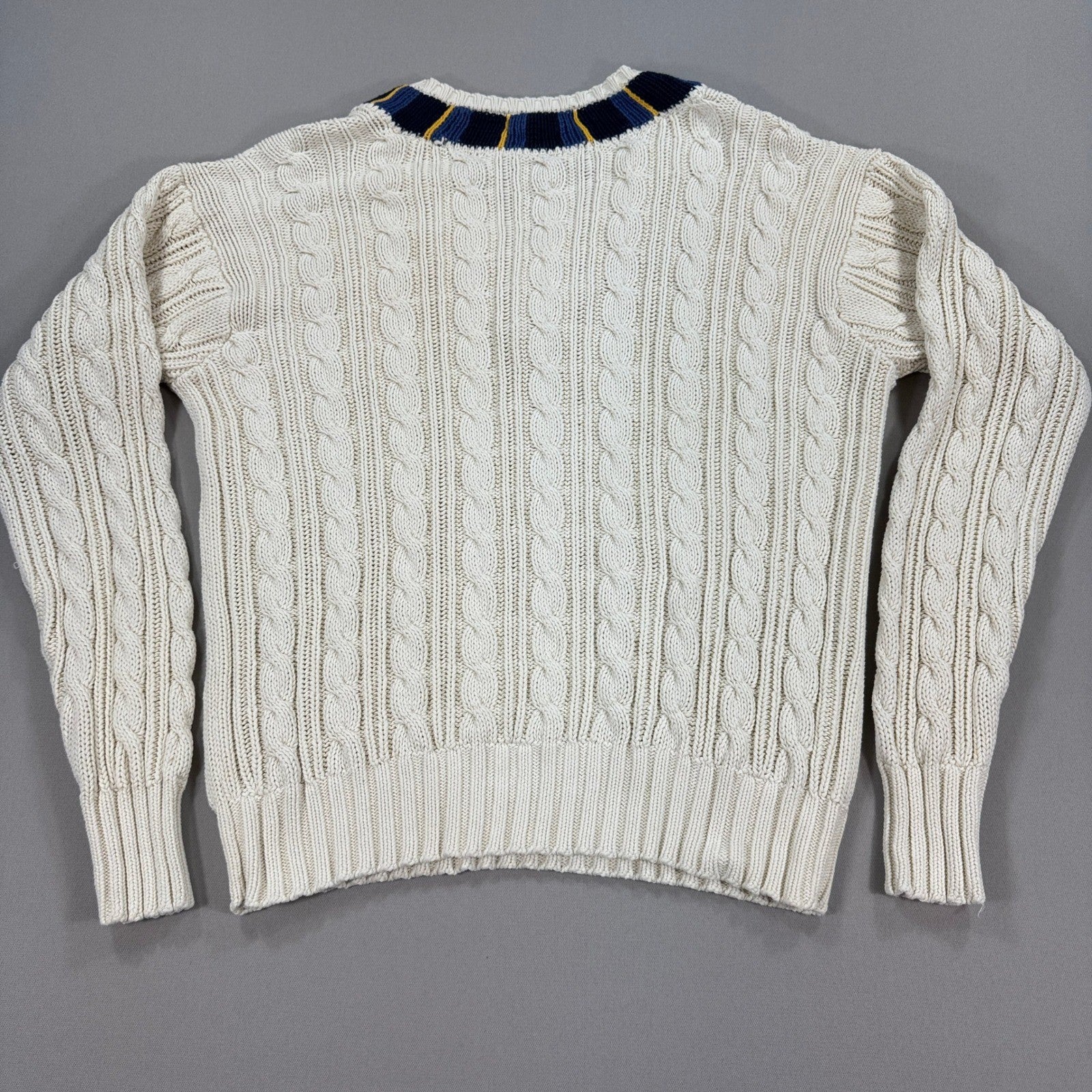 VTG Polo Ralph Lauren Cable Knit Cricket Sweater Cream Blue Yellow Trim mens XL