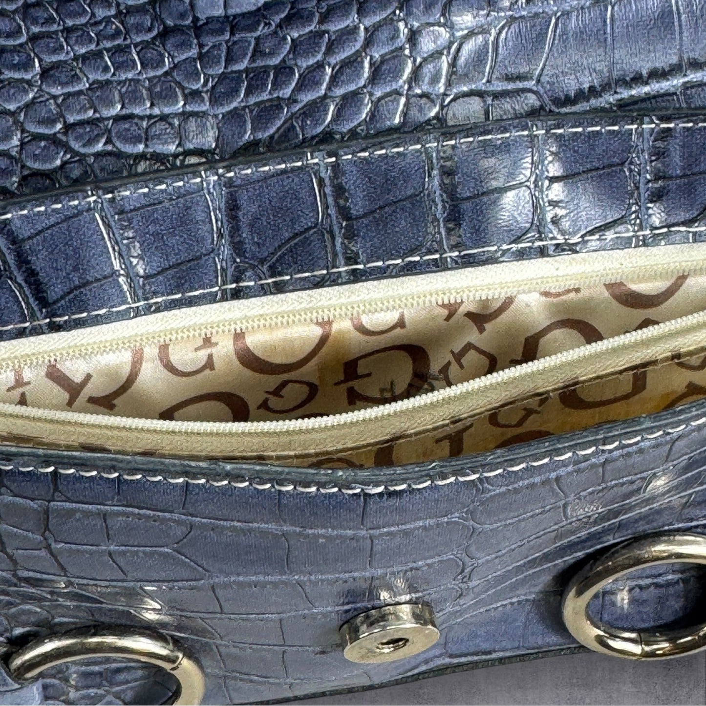 Guess Baguette Shoulder Bag Blue Croc Embossed Stud Detail Large Logo