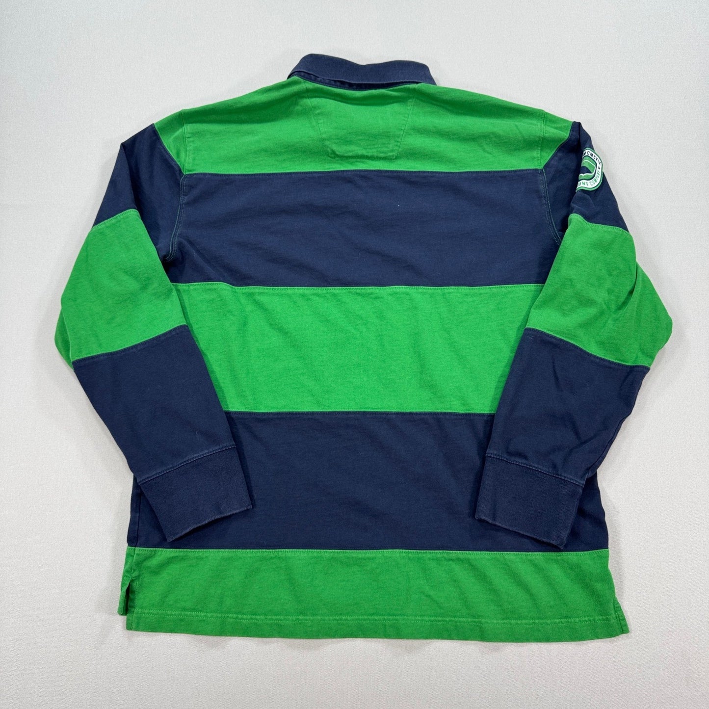 Vintage Nautica Jeans Co Rugby Polo Shirt Mens XL Green Blue Striped Long Sleeve