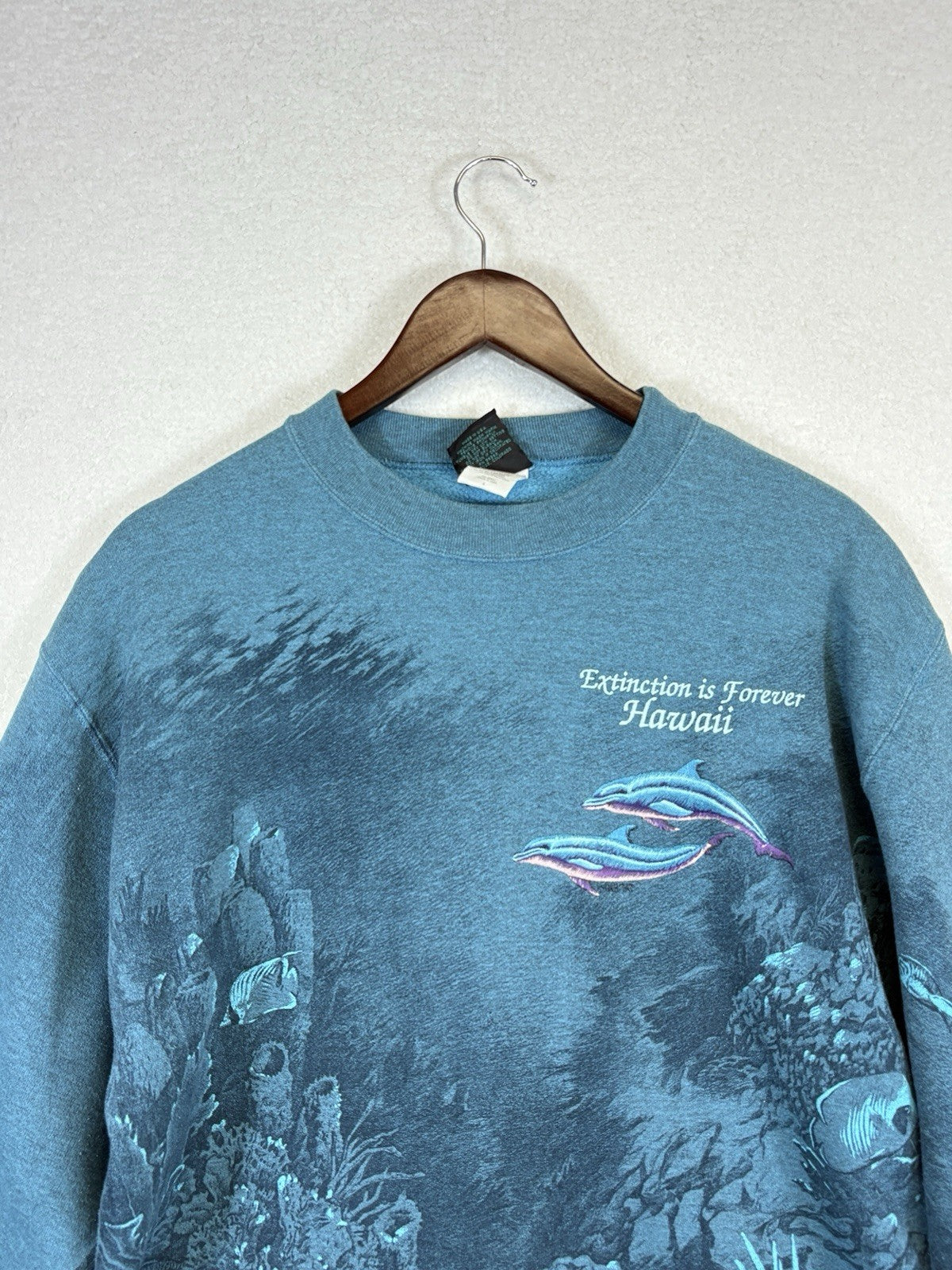 vtg 90s DOLPHIN ALL-OVER PRINT T-Shirt L hawaii nature ocean beach embroidered