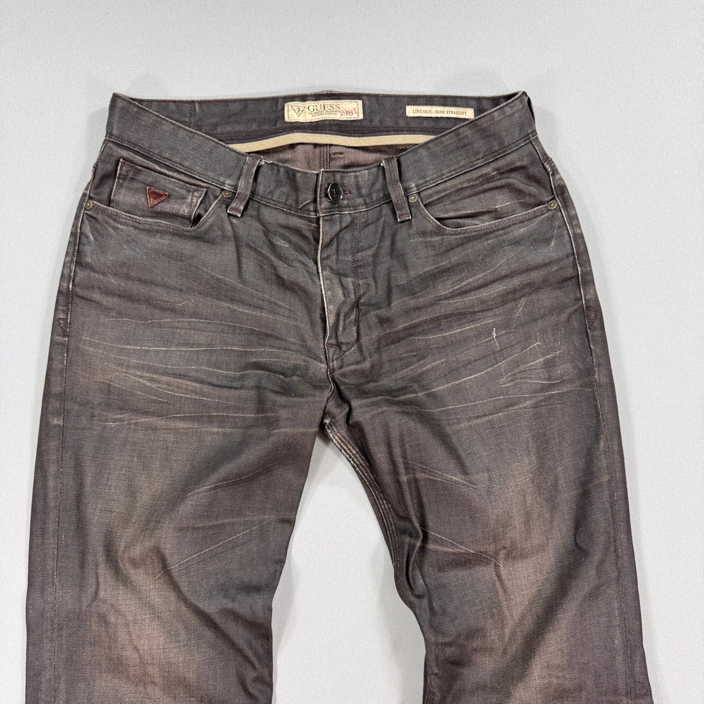 GUESS Jeans Lincoln Slim Straight mens Size 34 Brown Distressed Straight Leg