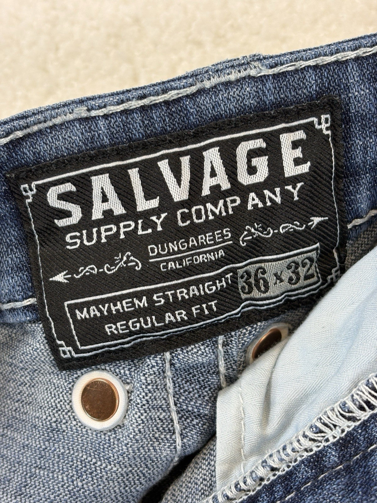 Salvage Supply Co Mayhem Straight Regular Fit Jeans 36x32 Blue Wash SLVG54-46