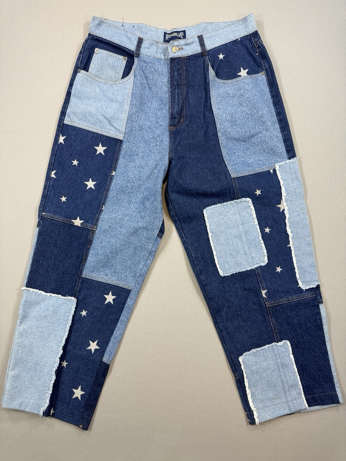 Vintage Baggy Y2K Jeans Mens 38x32 Blue Denim Patchwork USA Flag