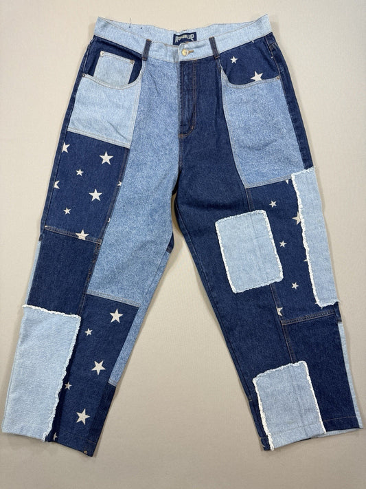 Vintage Baggy Y2K Jeans Mens 38x32 Blue Denim Patchwork USA Flag