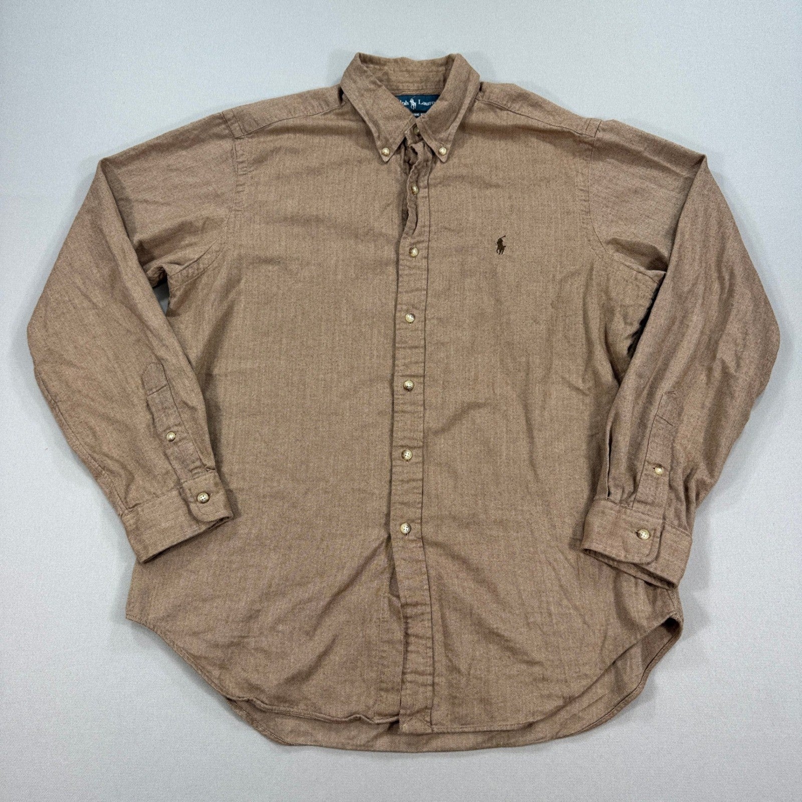 Ralph Lauren Shirt Brown Button Down Herringbone Classic Fit Long Sleeve mens L