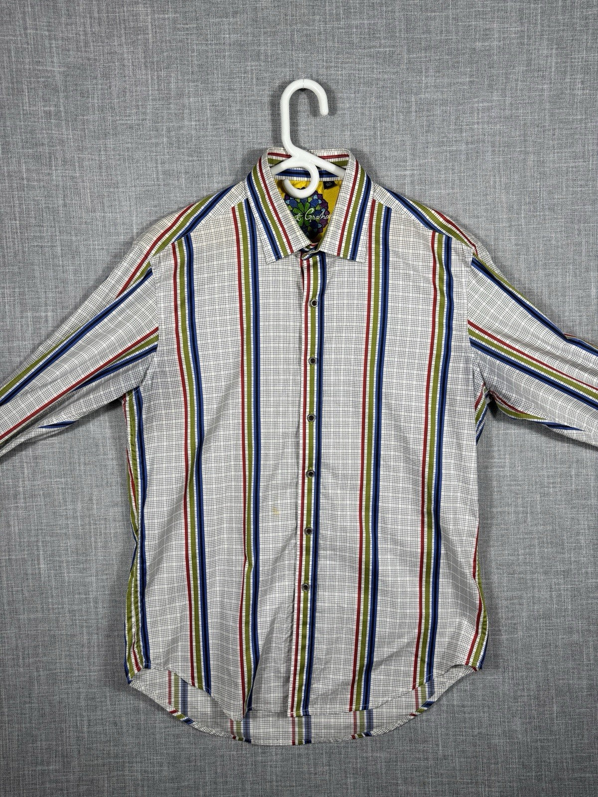 Robert Graham Men Striped Flip Cuff  Green Blue Dress Shirt Size Large 42 16.5
