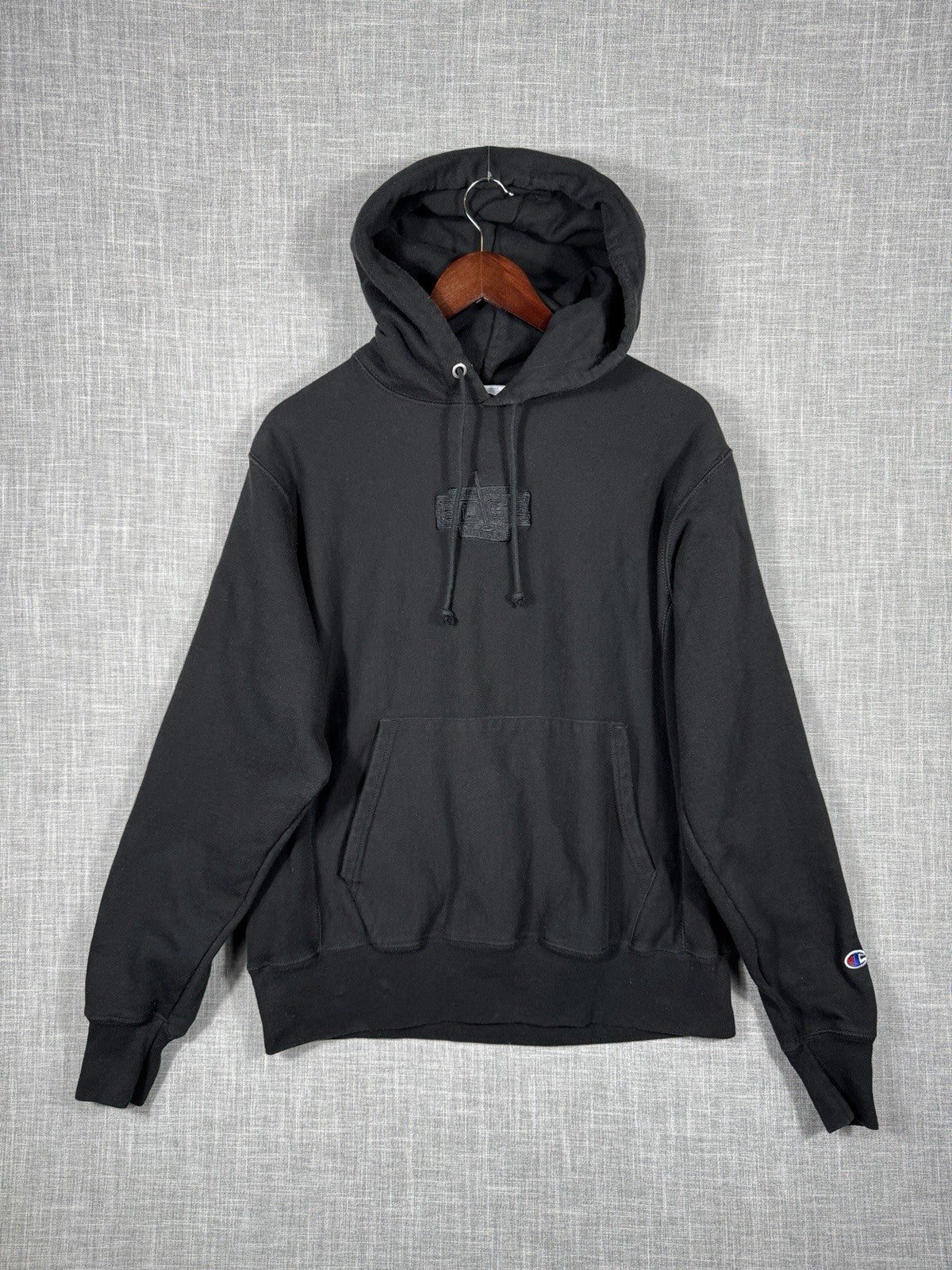 Vintage Champion Reverse Weave Black Hoodie Sweater Embroidered Mens Medium