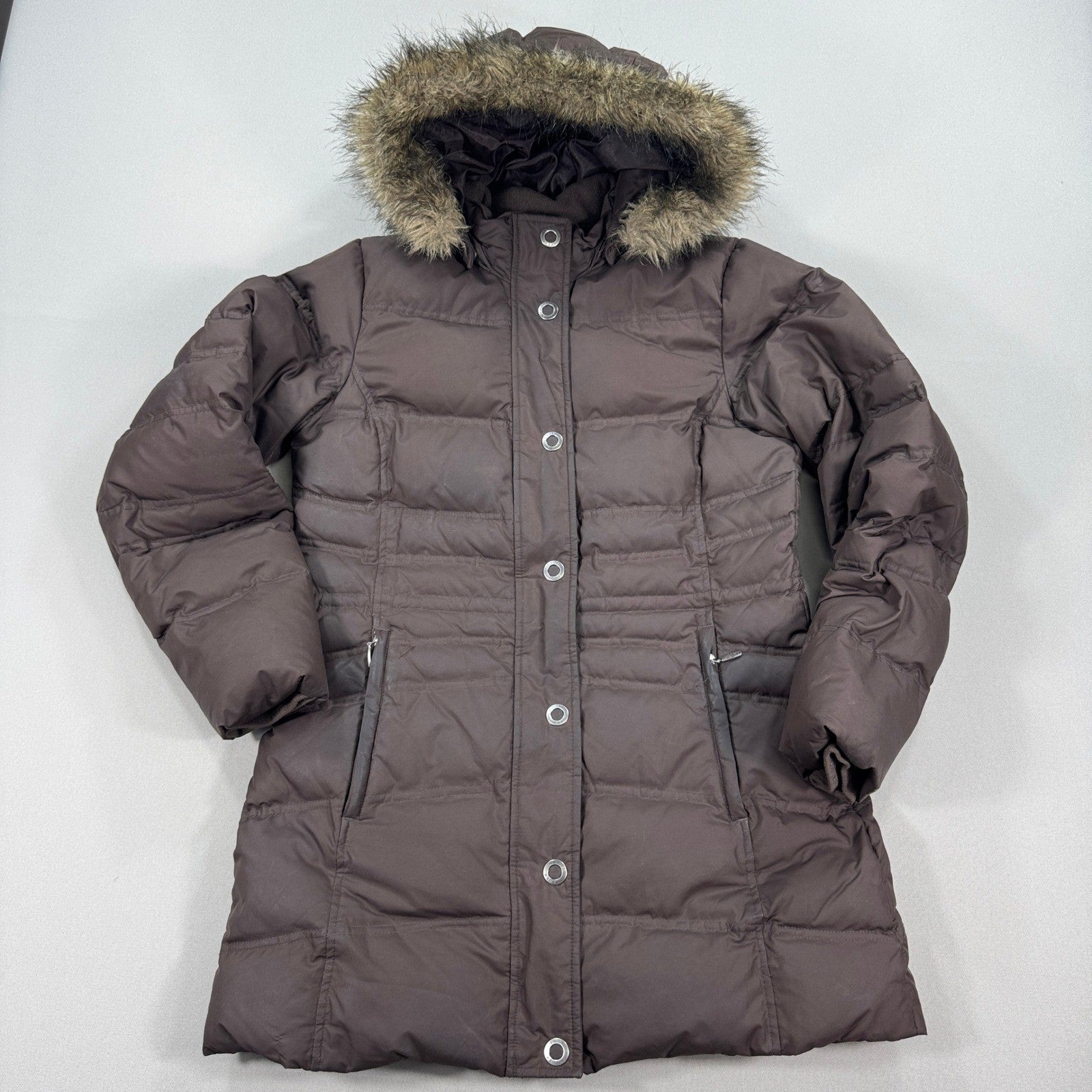 Eddie Bauer Goose Down Womens Coat Medium Fur Hood Cozy Zip & Snap Buttons