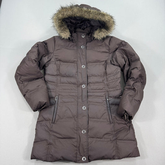 Eddie Bauer Goose Down Womens Coat Medium Fur Hood Cozy Zip & Snap Buttons