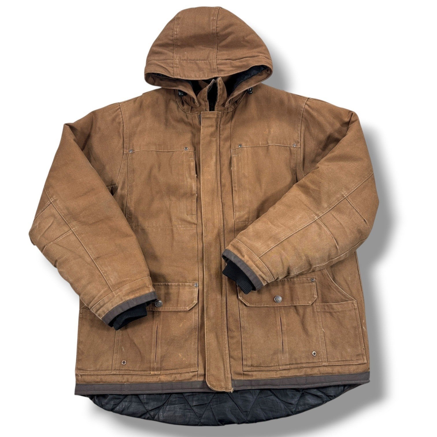 Super Tuff Work Jacket Men's XL Brown Duck Canvas Quilted Hooded Barn Coat Lined