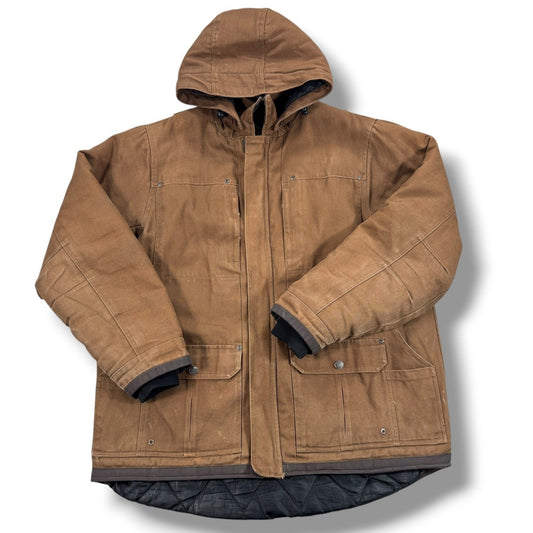 Super Tuff Work Jacket Men's XL Brown Duck Canvas Quilted Hooded Barn Coat Lined