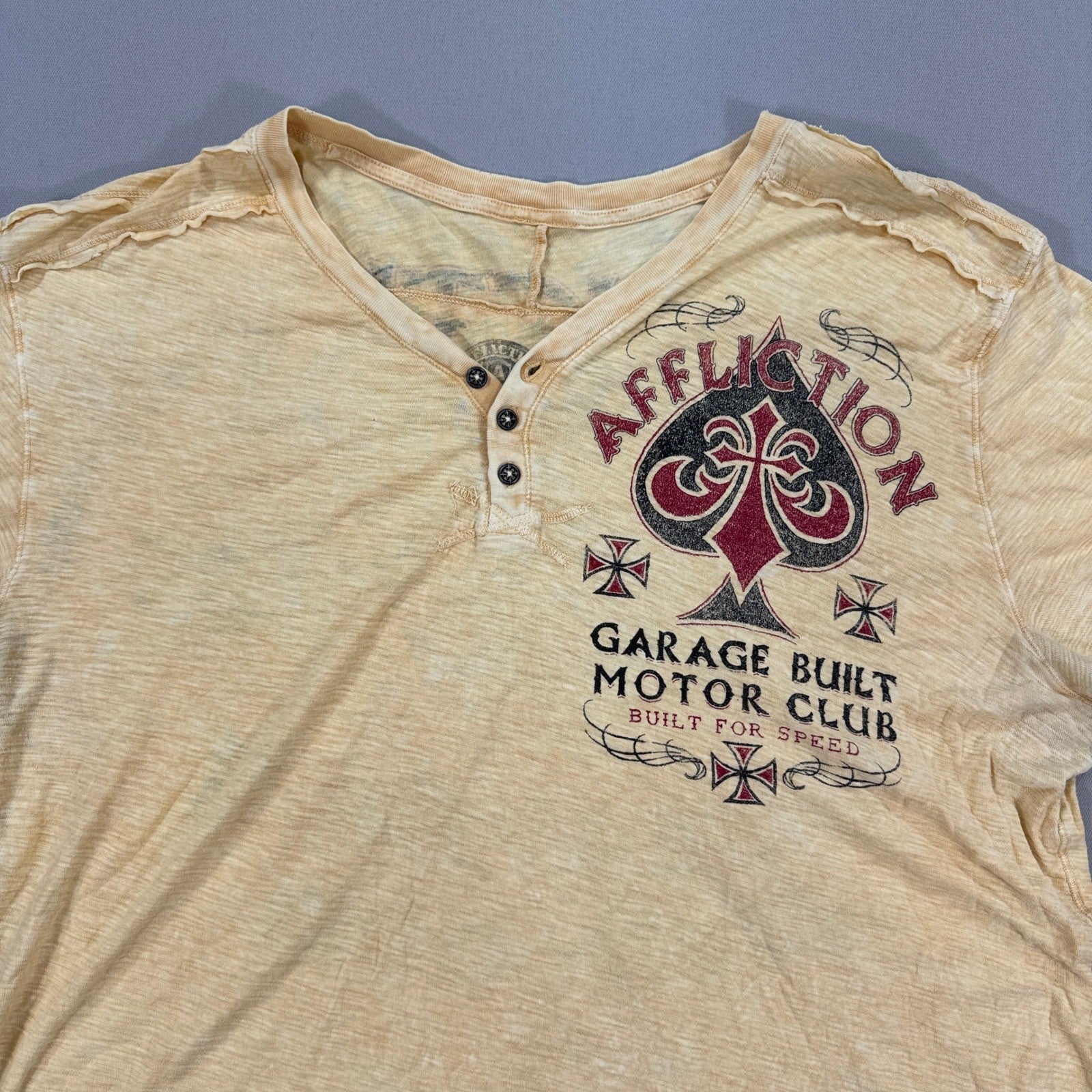 Affliction T Shirt Garage Motor Club Built For Speed Mens 2XL Spade Thrashed