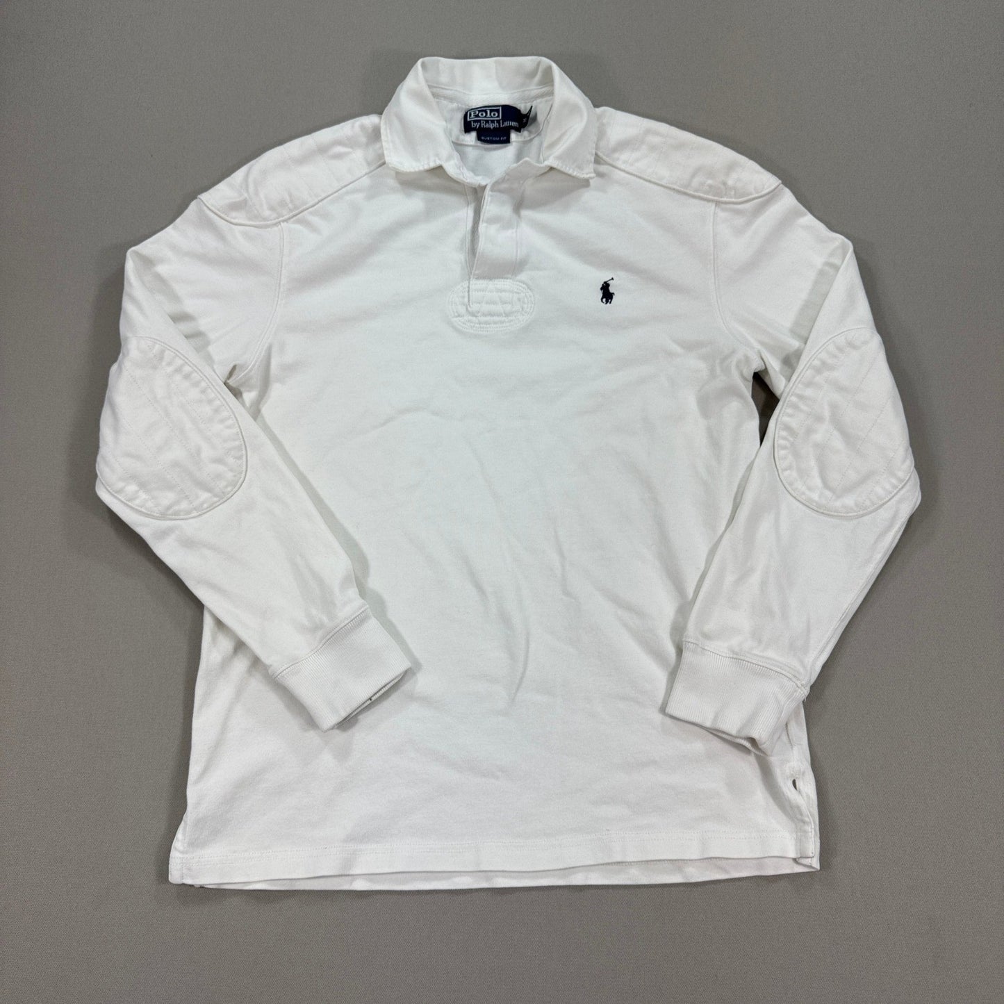 Polo Ralph Lauren Rugby Shirt Mens M White Long Sleeve Custom Fit Sleeve Patches