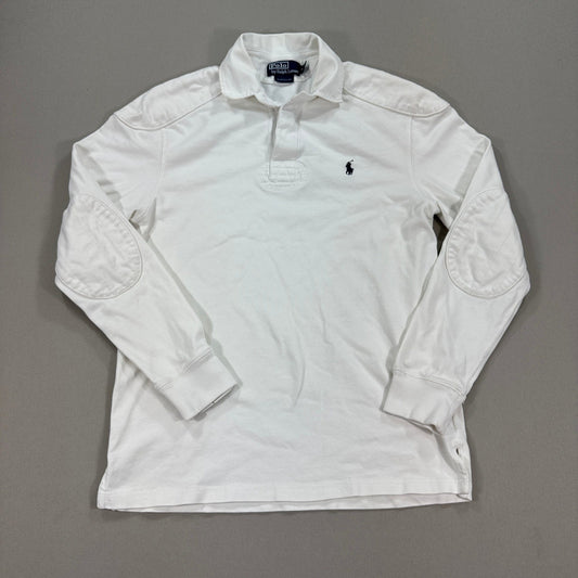 Polo Ralph Lauren Rugby Shirt Mens M White Long Sleeve Custom Fit Sleeve Patches