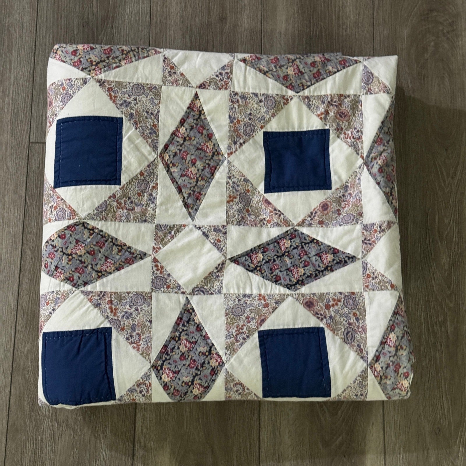 Vintage Handmade Quilt Geometric Blanket Blue White Cottage 81x81