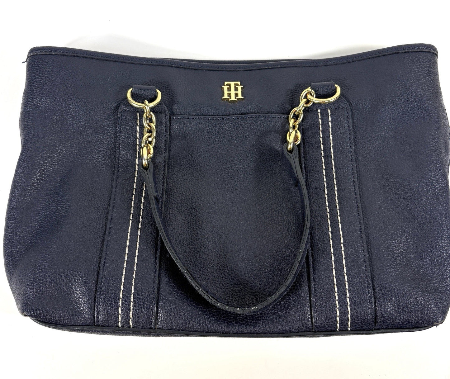 TOMMY HILFIGER Womens Black Leather Handbag Shopper Medium Satchel Tote Bag