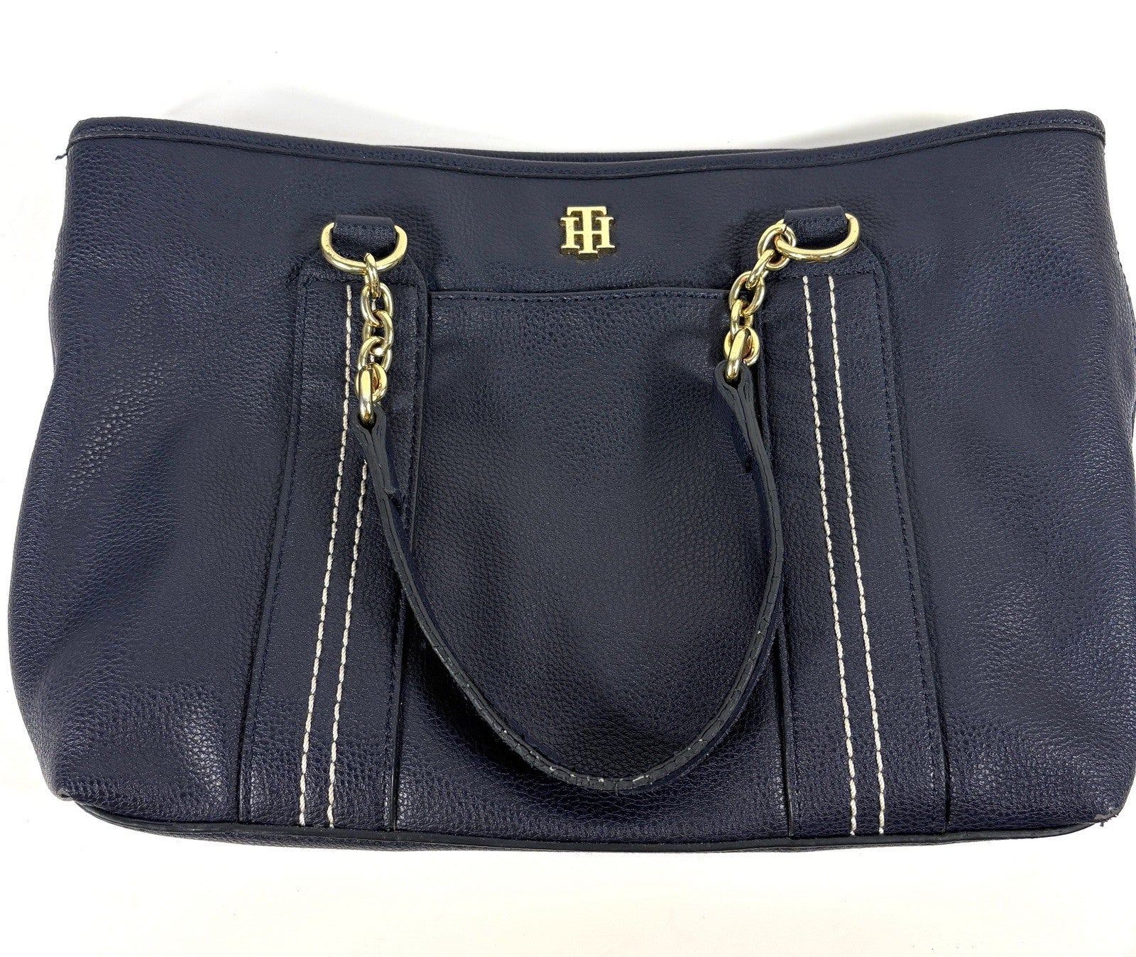 TOMMY HILFIGER Womens Black Leather Handbag Shopper Medium Satchel Tote Bag