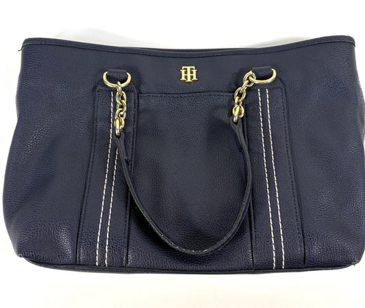 TOMMY HILFIGER Womens Black Leather Handbag Shopper Medium Satchel Tote Bag