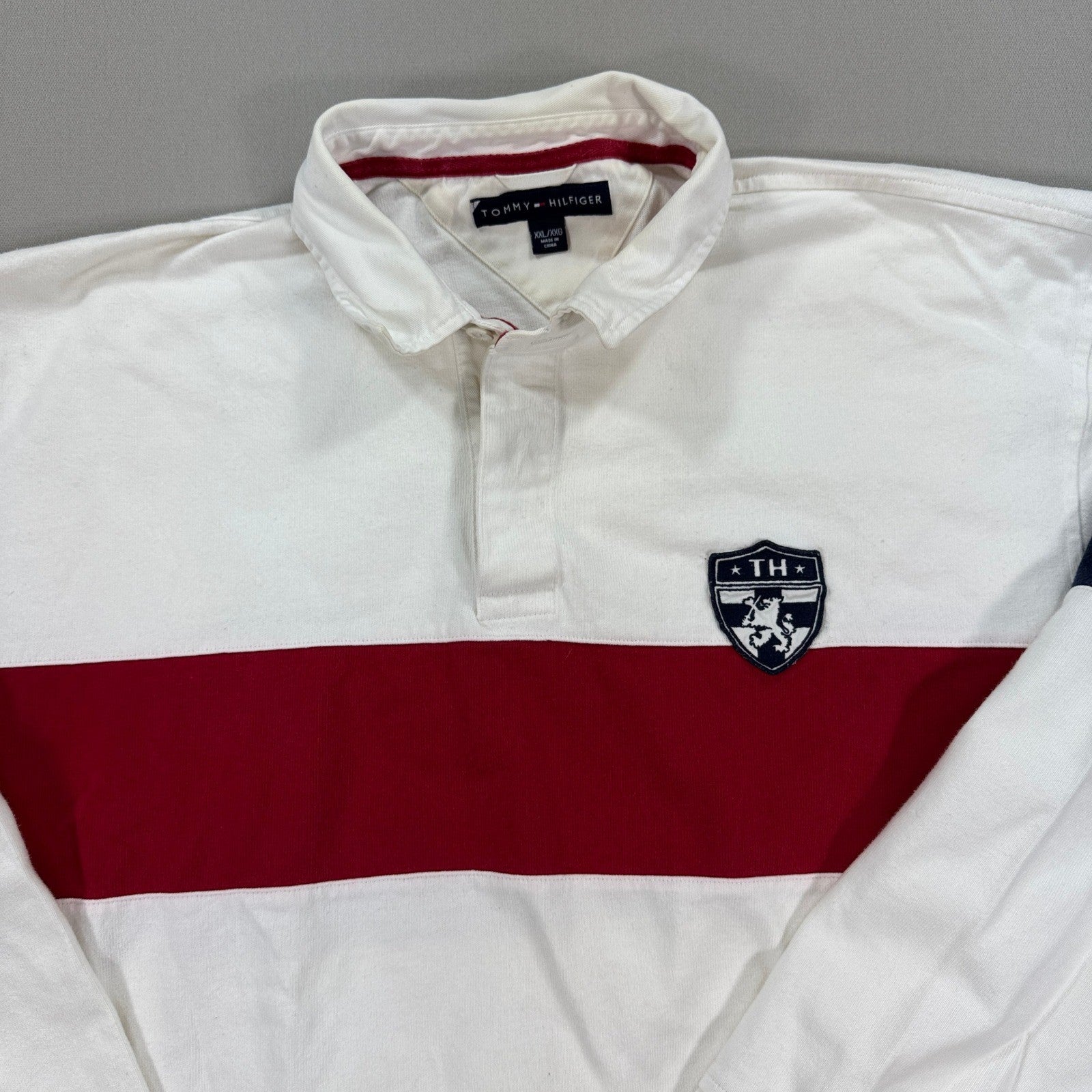 Vintage Tommy Hilfiger Rugby Polo Shirt Long Sleeve mens 2XL White Red Striped