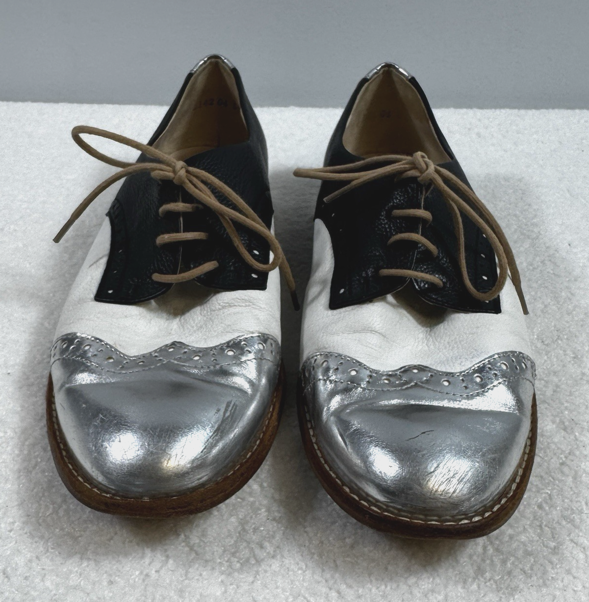 Peter Kaiser Lace Up Shoes Womens Size 5.5 Black Silver Elegant Leather Loafer