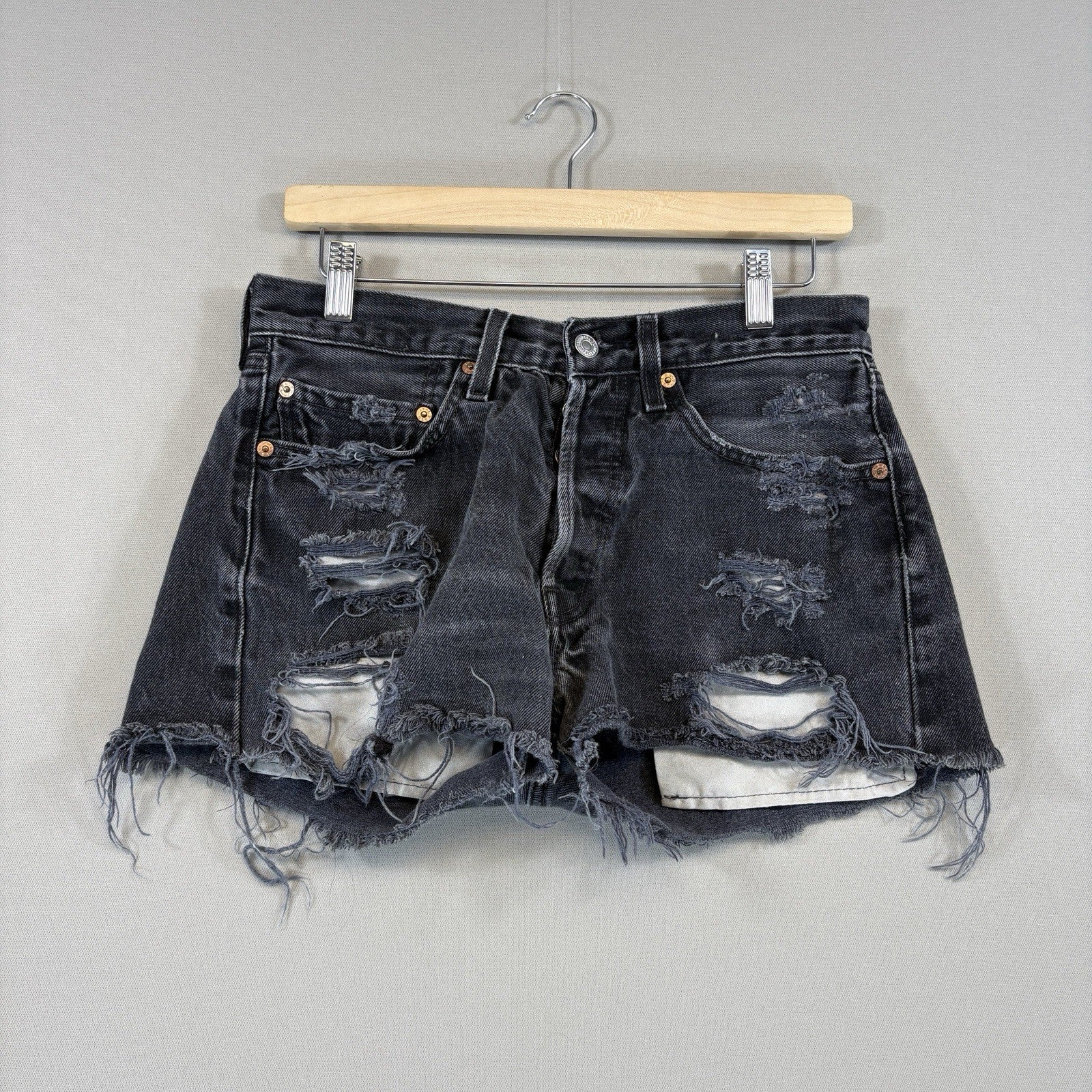 Vintage Petros Levis 501 Denim Shorts Black Distressed Womens 31x32 Made In USA