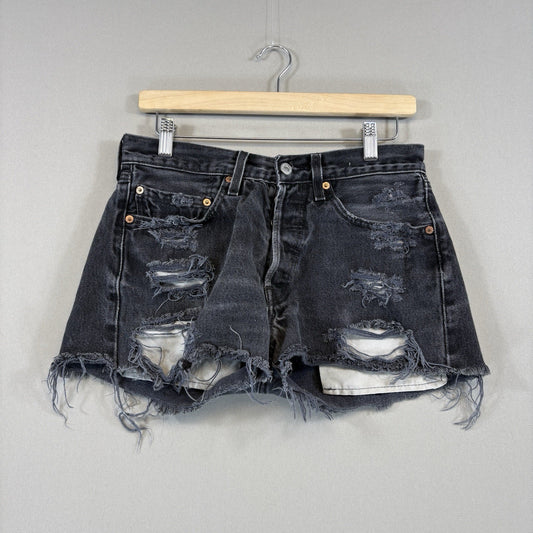 Vintage Petros Levis 501 Denim Shorts Black Distressed Womens 31x32 Made In USA