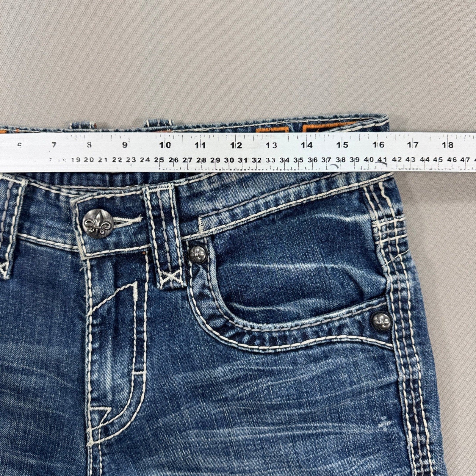 Rock Revival Jeans Bootcut mens Size 31 Blue Denim Distressed Made for Buckle