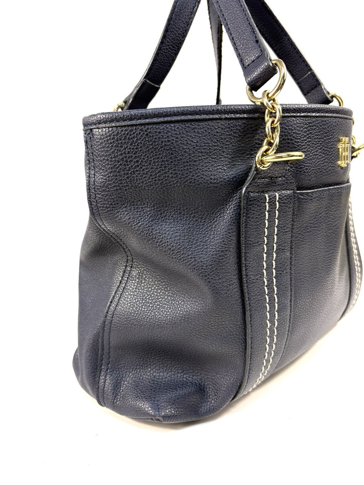 TOMMY HILFIGER Womens Black Leather Handbag Shopper Medium Satchel Tote Bag