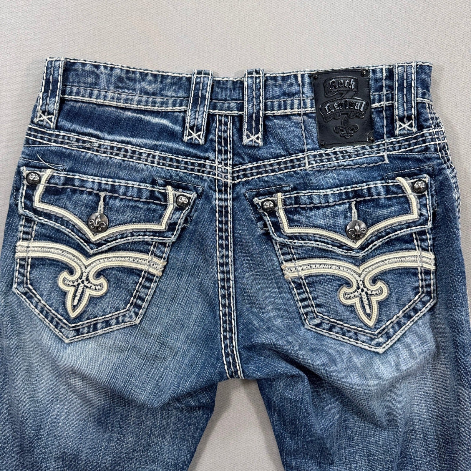 Rock Revival Jeans Bootcut mens Size 31 Blue Denim Distressed Made for Buckle