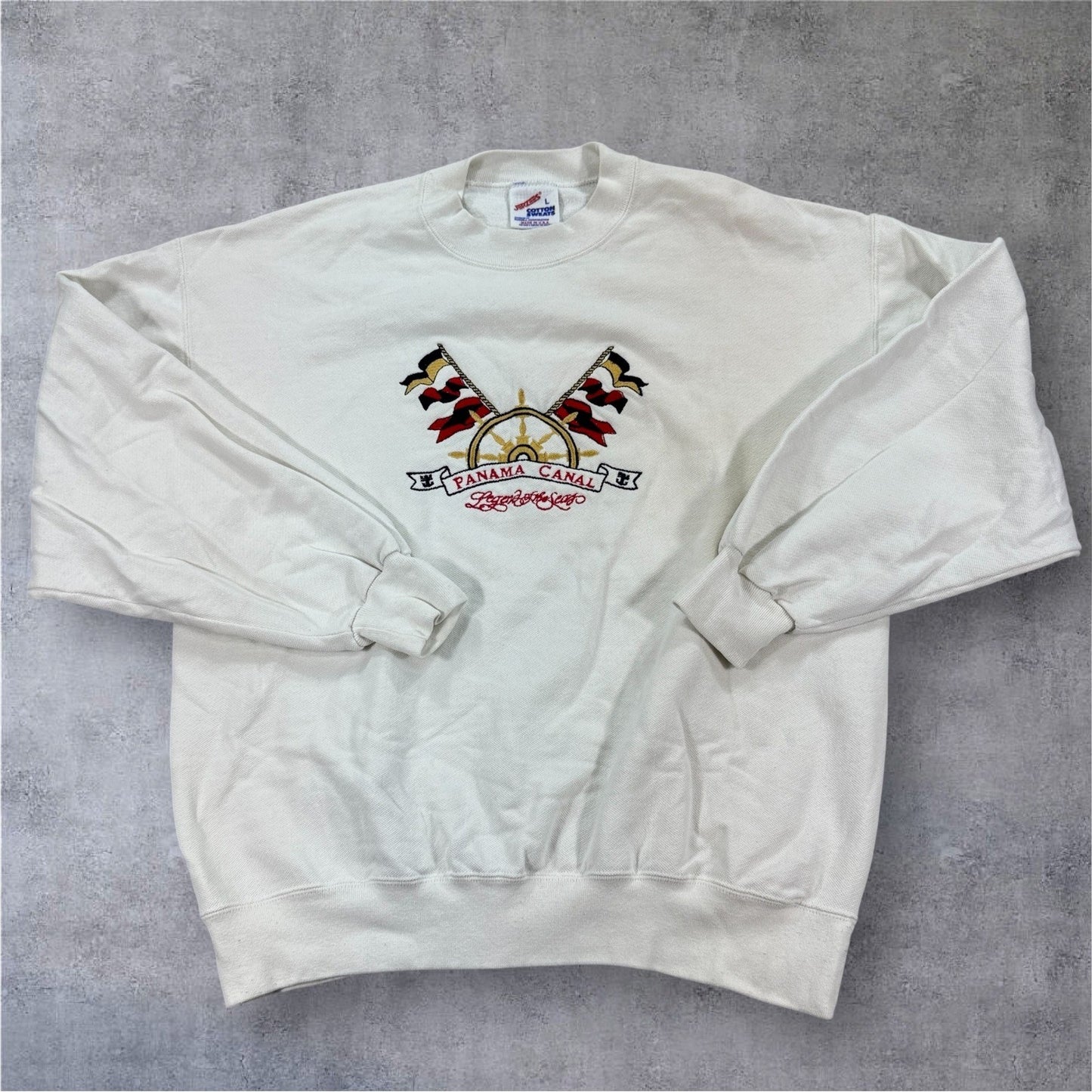 Vintage Jerzees Panama Canal Sweatshirt mens Large White Made in USA Crewneck