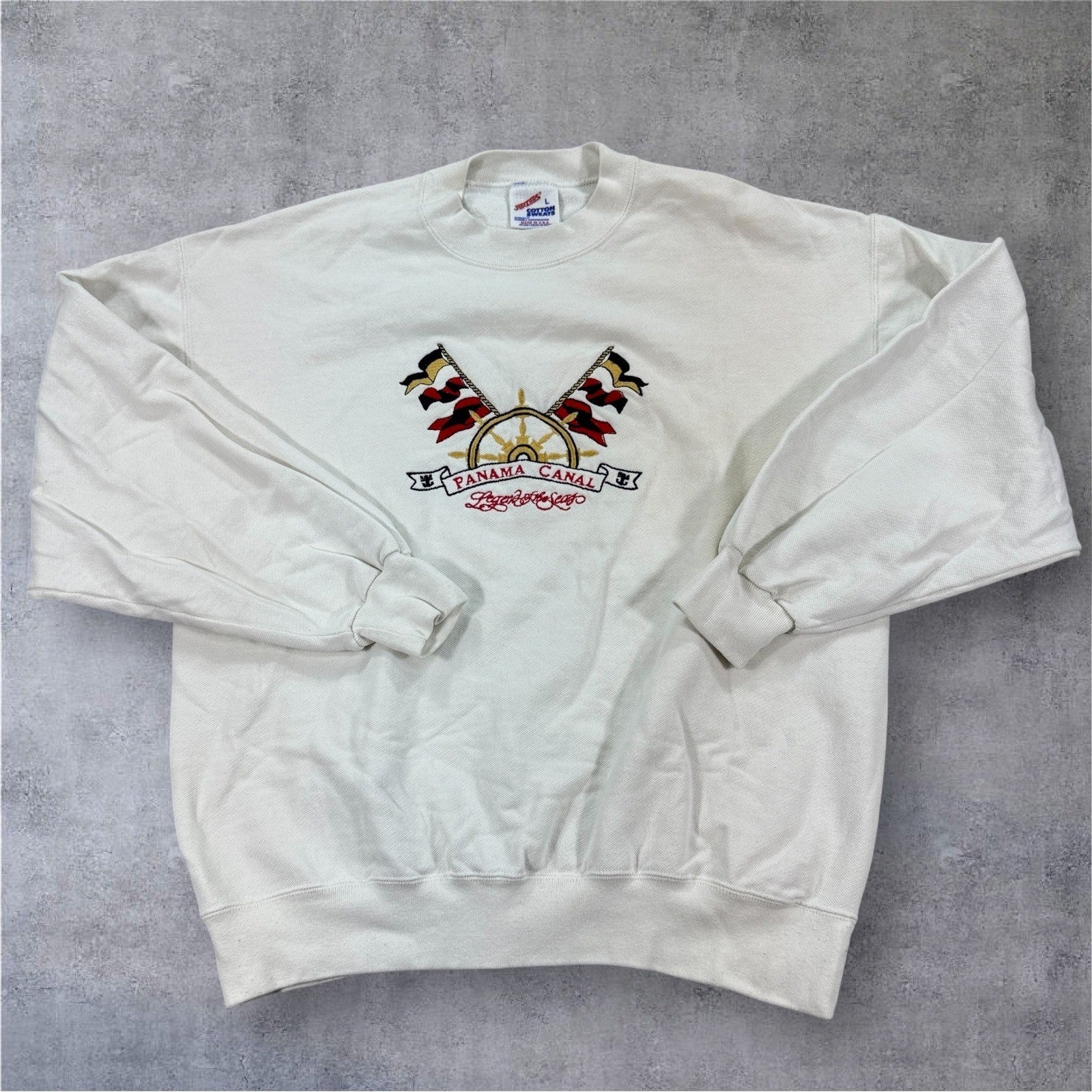 Vintage Jerzees Panama Canal Sweatshirt mens Large White Made in USA Crewneck