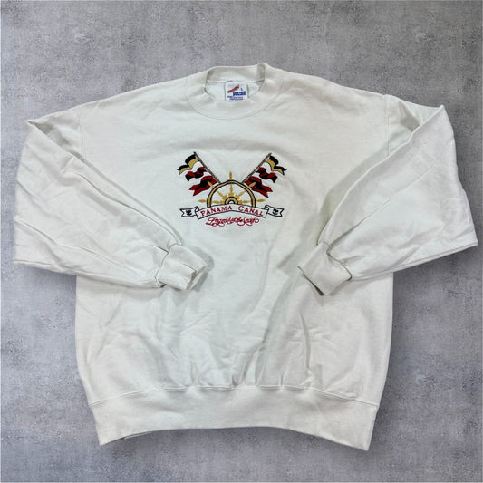 Vintage Jerzees Panama Canal Sweatshirt mens Large White Made in USA Crewneck