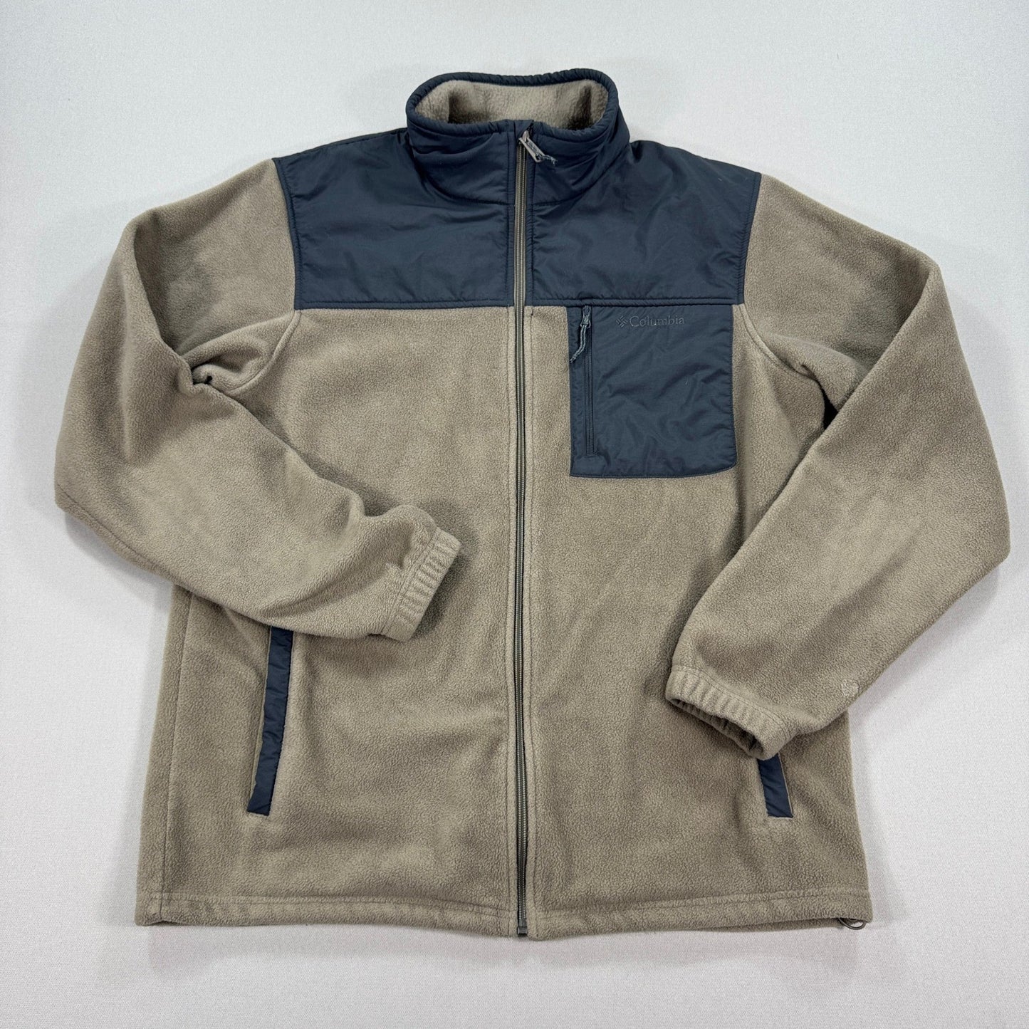 Columbia Fleece Jacket mens Large Brown Full Zip Mock Neck Patch Zipped Pockets