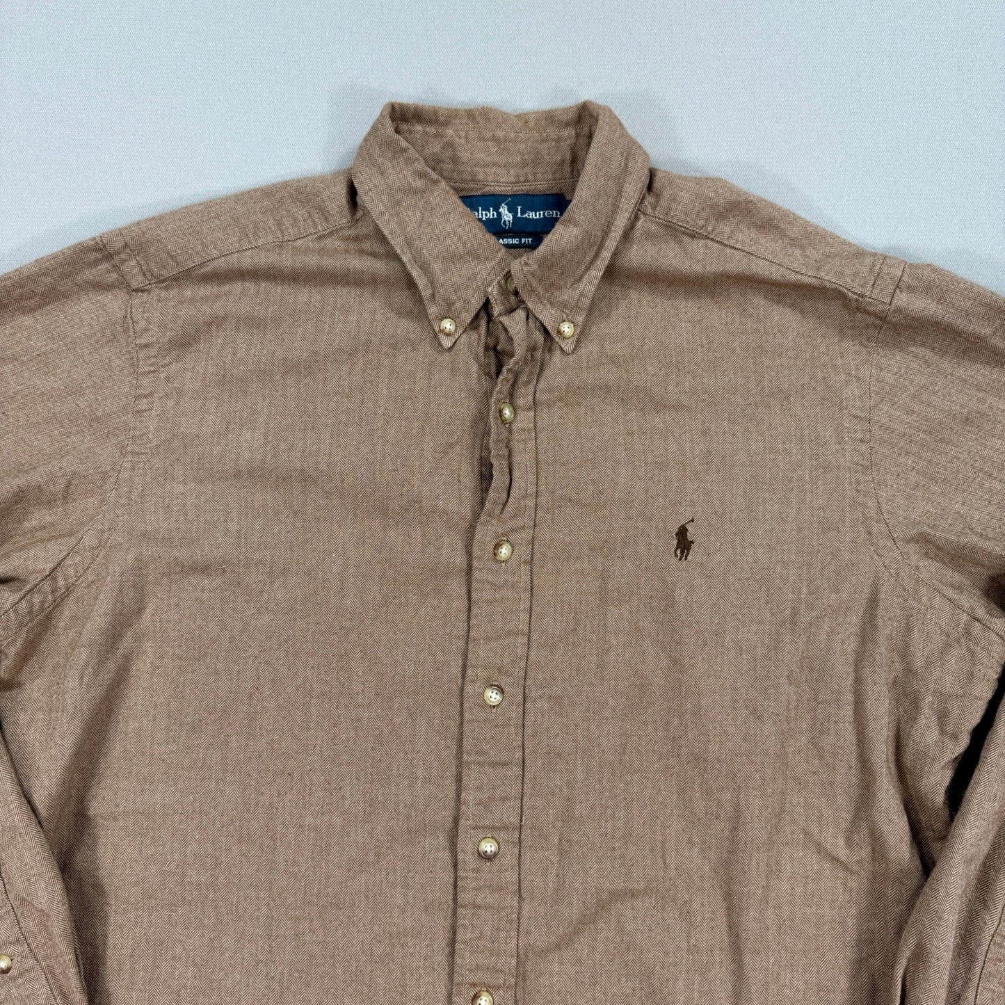 Ralph Lauren Shirt Brown Button Down Herringbone Classic Fit Long Sleeve mens L