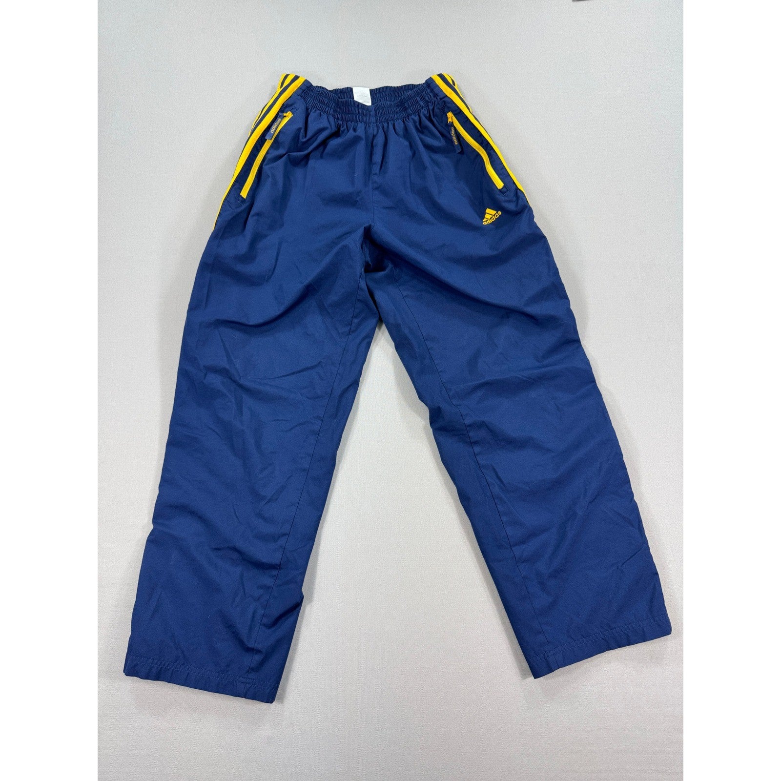 VTG Adidas Track Pants Snap Button Sides Zip Pocket Youth XL Blue Yellow Trefoil