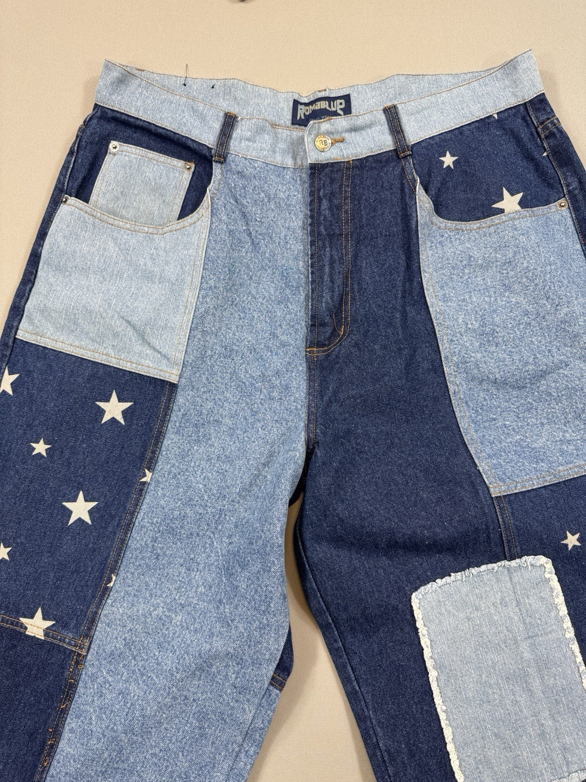 Vintage Baggy Y2K Jeans Mens 38x32 Blue Denim Patchwork USA Flag