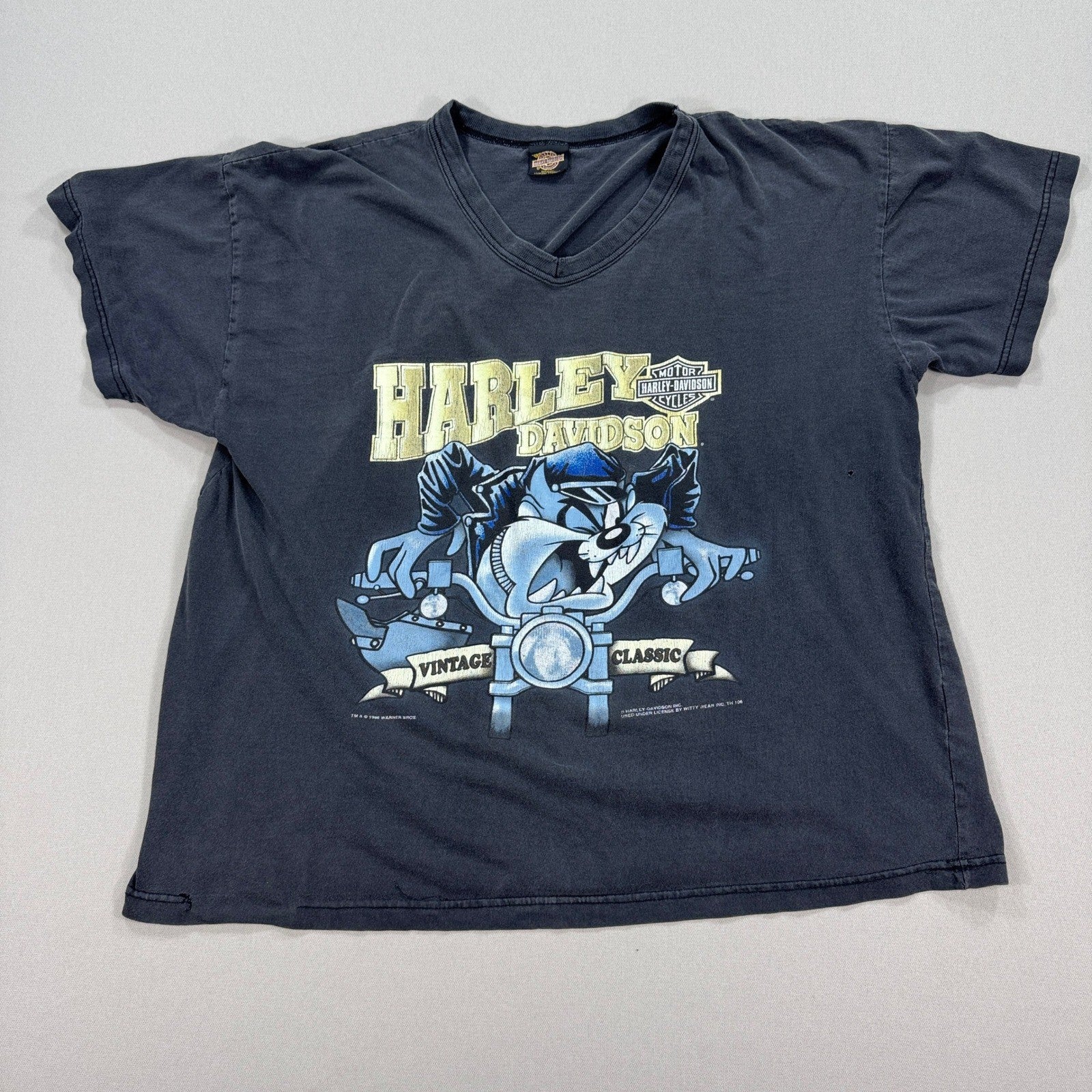 Vintage 90s Harley Davidson Taz T-Shirt Looney Tunes Graphic Print Mens XL Black