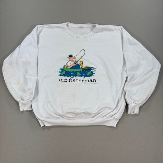 Vintage Jim Benton 1987 Mr. Fisherman Graphic Sweater mens XL White Pullover