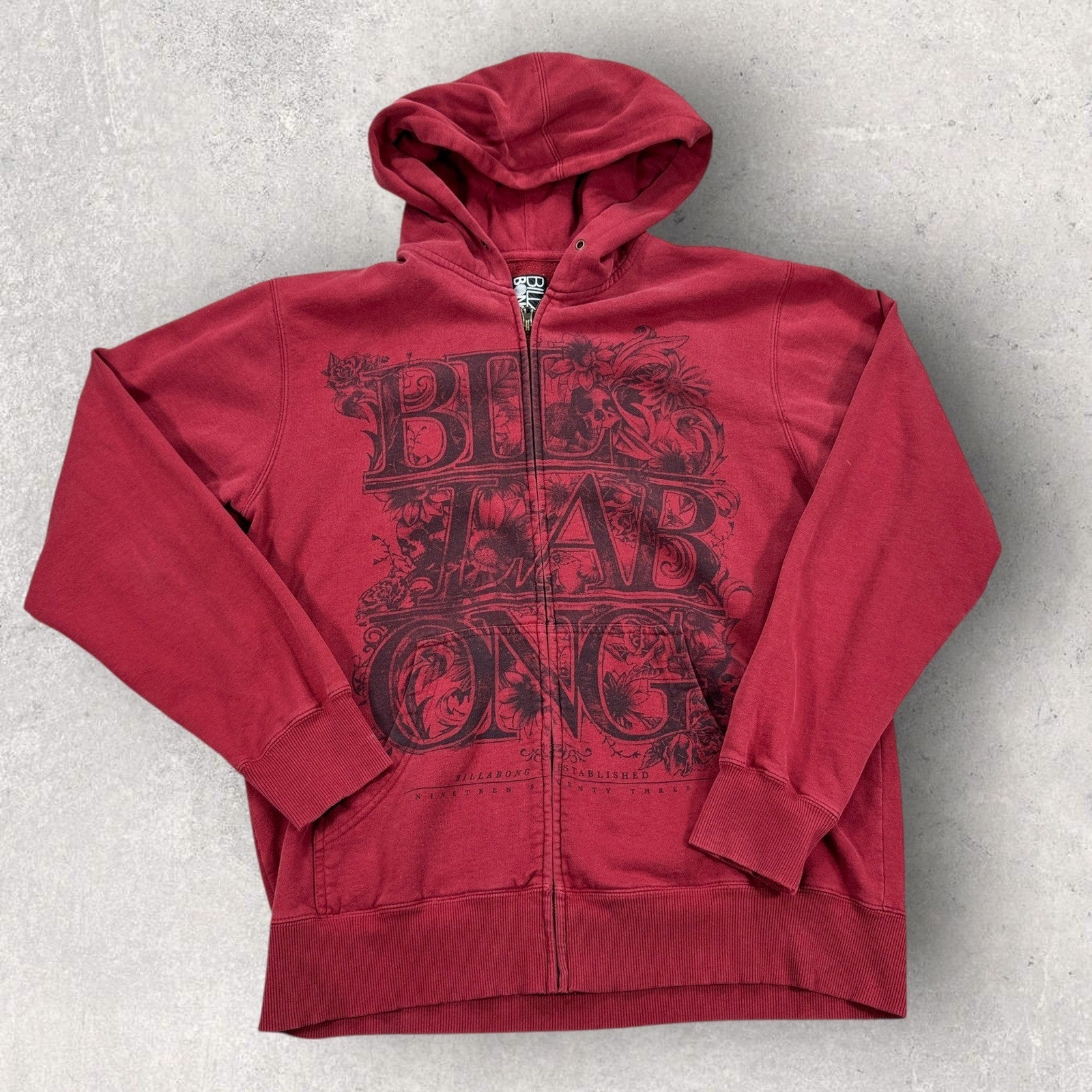 Vintage Billabong Sweatshirt mens Large Red Graphic Spell Out Hoodie Skater Y2K