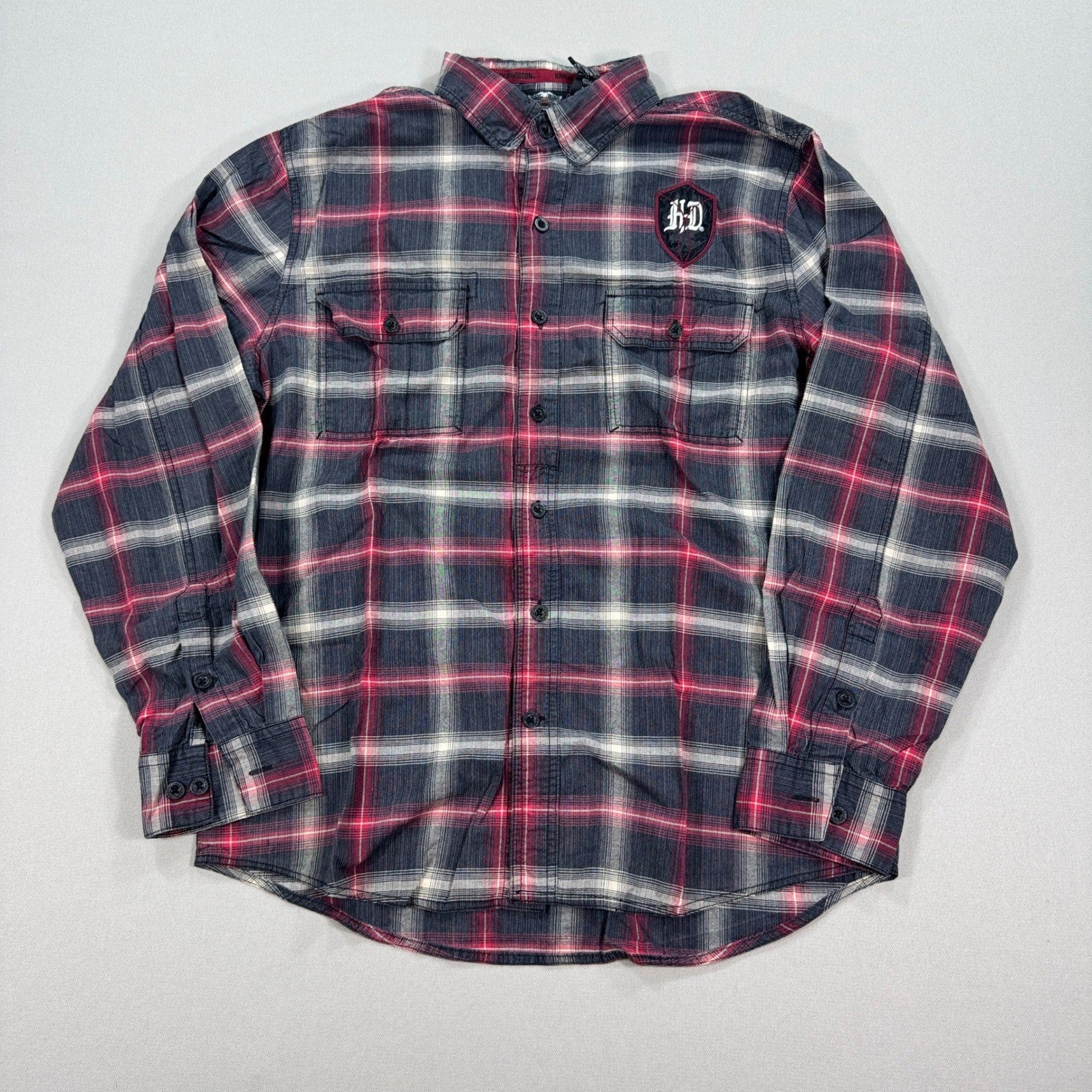 Harley Davidson Shirt Mens Large Gray Red Plaid Button Down Embroidered Spellout