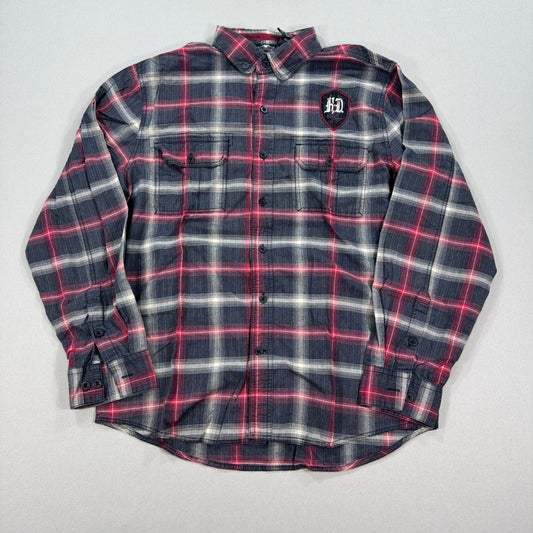 Harley Davidson Shirt Mens Large Gray Red Plaid Button Down Embroidered Spellout