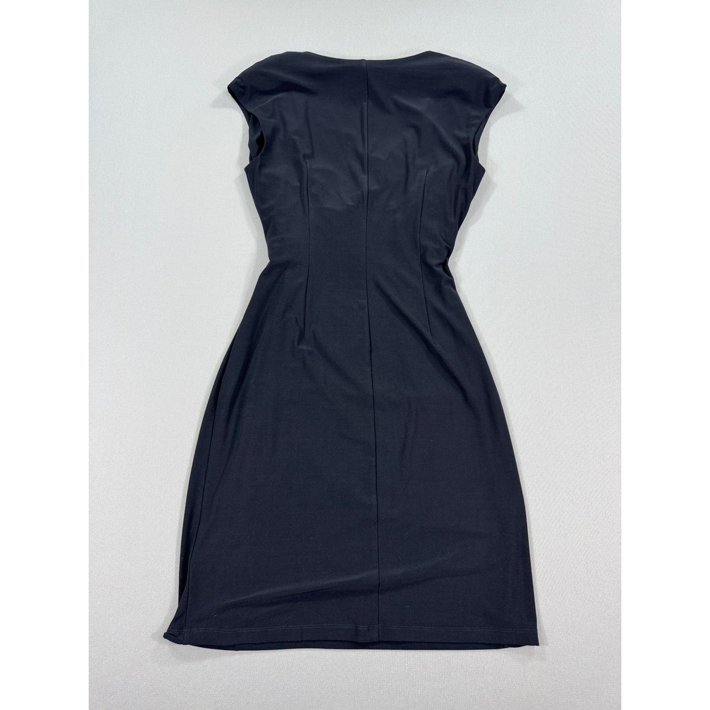 Lauren Ralph Lauren Ruched Midi Sheath Dress Black Ruffled Formal Sz 10