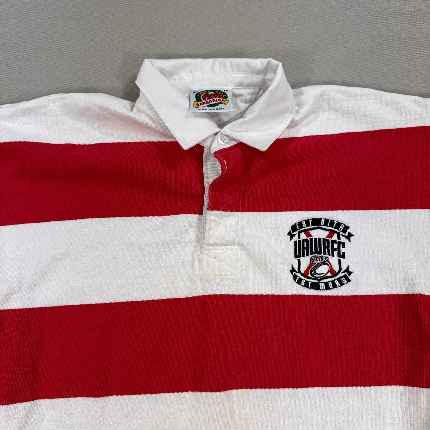 Vintage Barbarian Rugby Polo Shirt UAWRFC Crest Mens XL Red White Striped Canada
