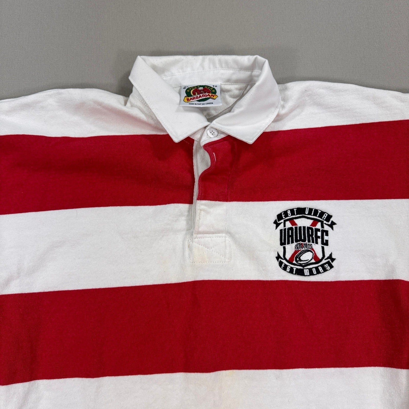 Vintage Barbarian Rugby Polo Shirt UAWRFC Crest Mens XL Red White Striped Canada