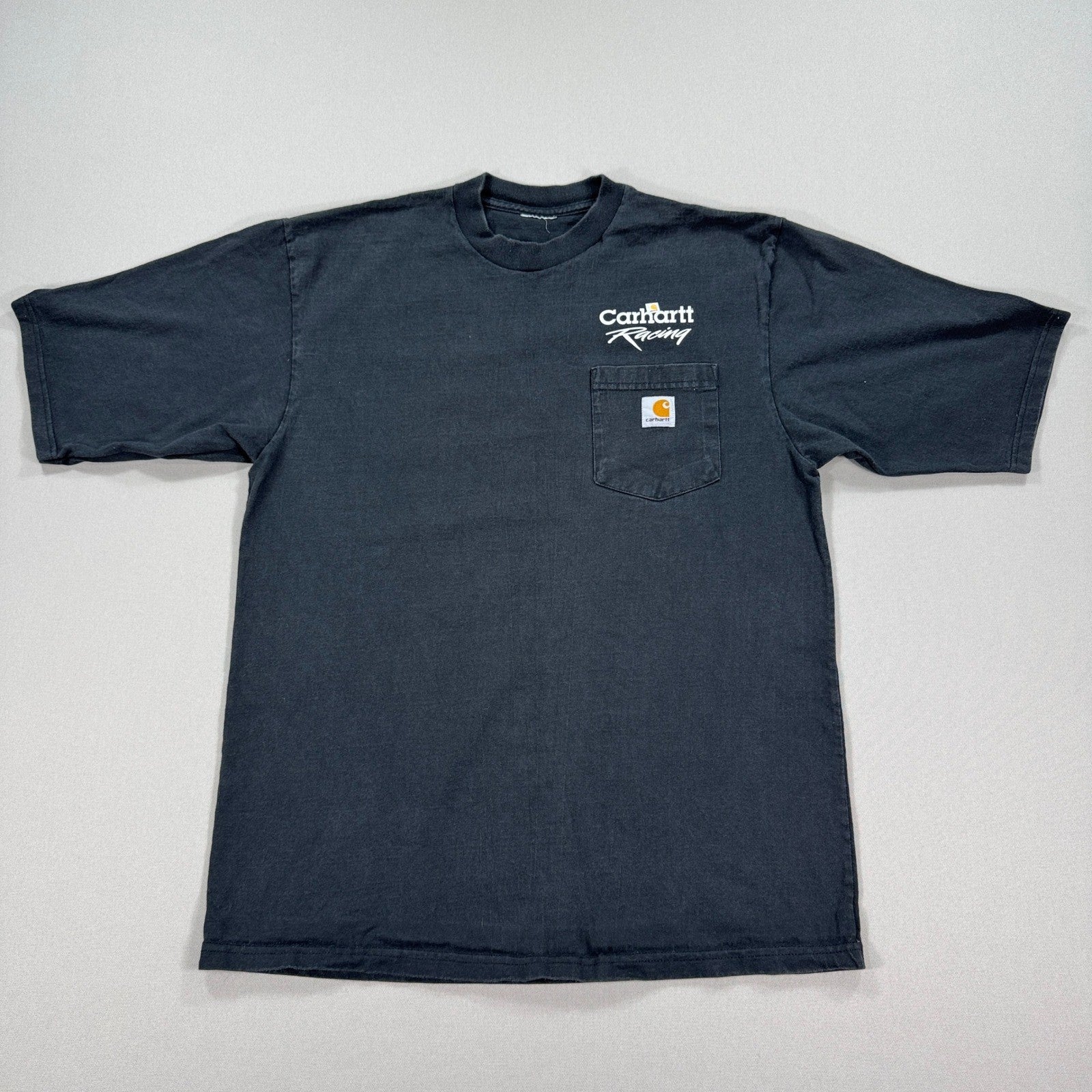 Vintage Carhartt Racing T-Shirt mens Large Faded Black Pockets Logo Crewneck