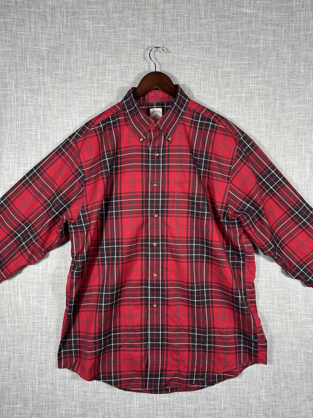 Brooks Brothers mens Polo Shirt Plaid Red Supima Cotton Large Button Down