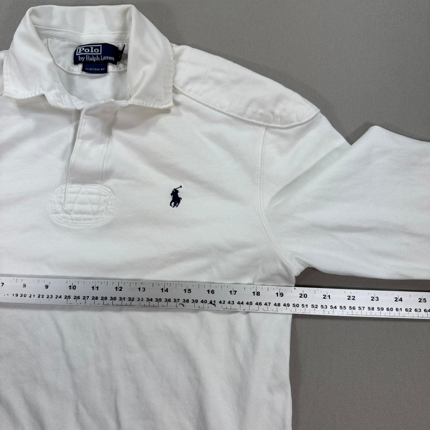 Polo Ralph Lauren Rugby Shirt Mens M White Long Sleeve Custom Fit Sleeve Patches