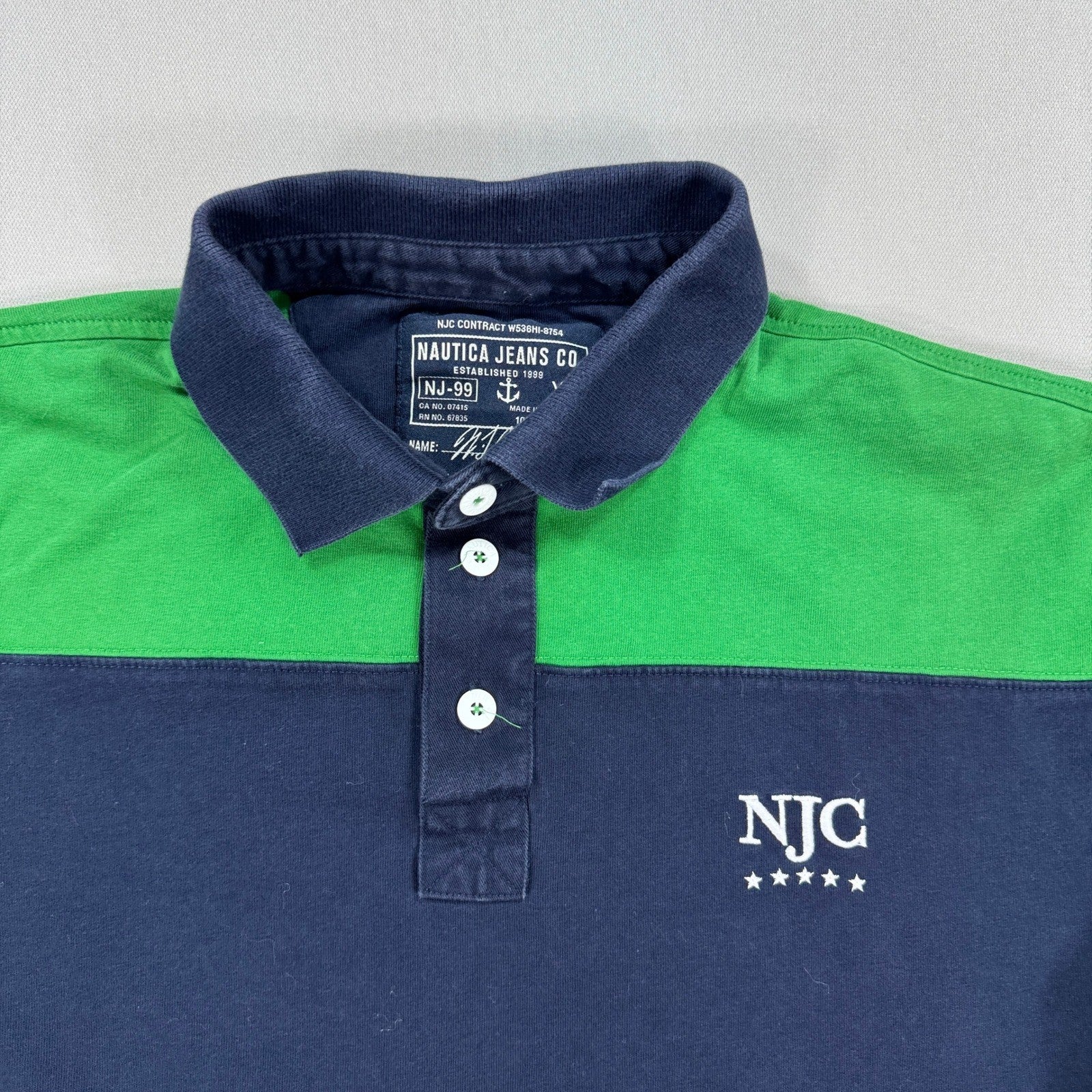 Vintage Nautica Jeans Co Rugby Polo Shirt Mens XL Green Blue Striped Long Sleeve