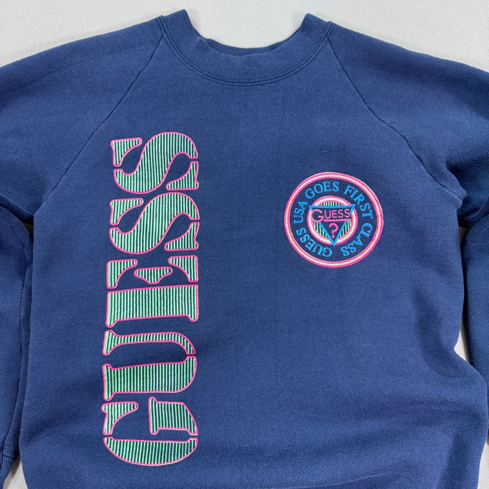 Vintage 90's Guess Mens Small Sweatshirt Blue Graphic USA Made Single Stitch