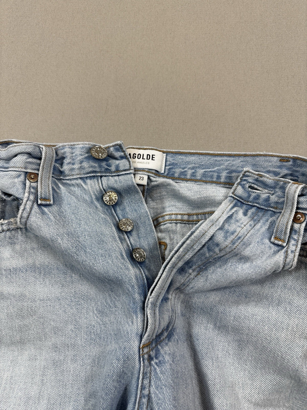 Agolde Riley Jeans Womens Size 23 Blue Denim Distressed Button Fly Made In USA